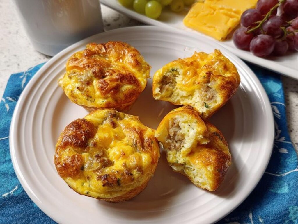 Four golden brown sausage and egg bites on a white plate, perfect for 20-Ingredient Breakfast Ideas Recipes.