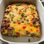 Close-up of a savory sausage and egg casserole topped with melted cheddar cheese, red peppers, and green onions, perfect for Breakfast Ideas Recipes Meal Prep.