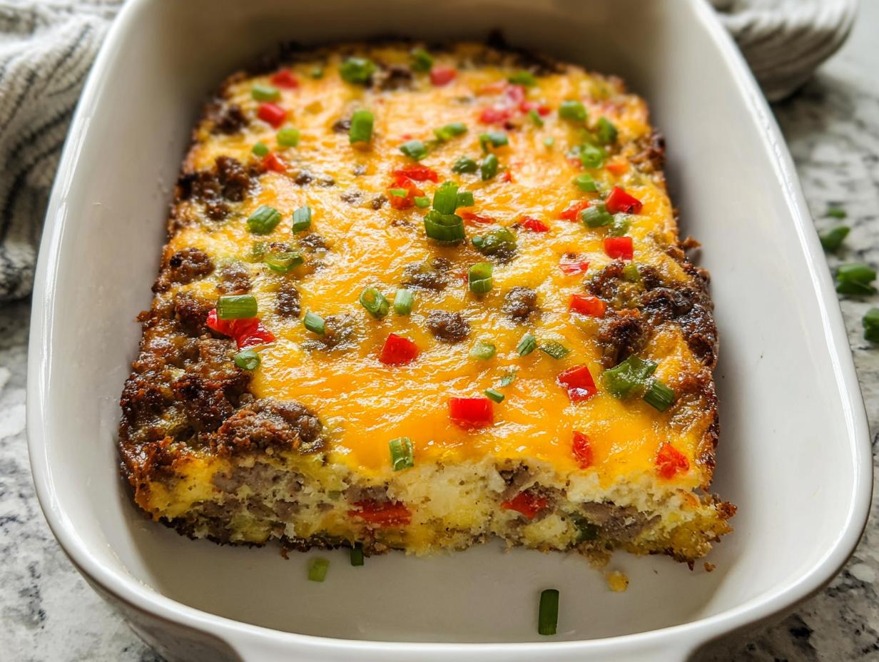 Close-up of a savory sausage and egg casserole topped with melted cheddar cheese, red peppers, and green onions, perfect for Breakfast Ideas Recipes Meal Prep.