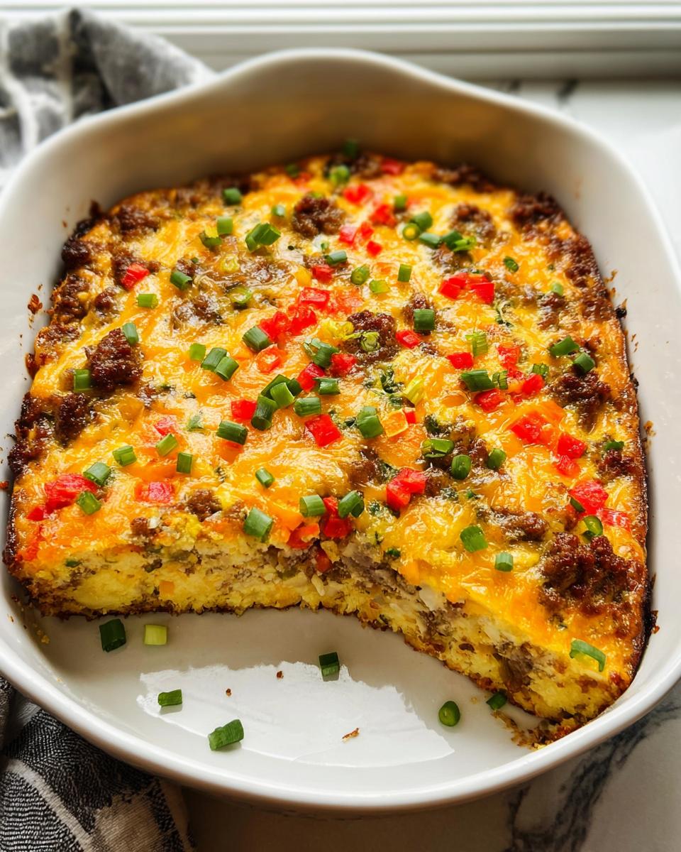A baked sausage and egg casserole topped with melted cheese, red peppers, and green onions, perfect for Breakfast Ideas Recipes Meal Prep.