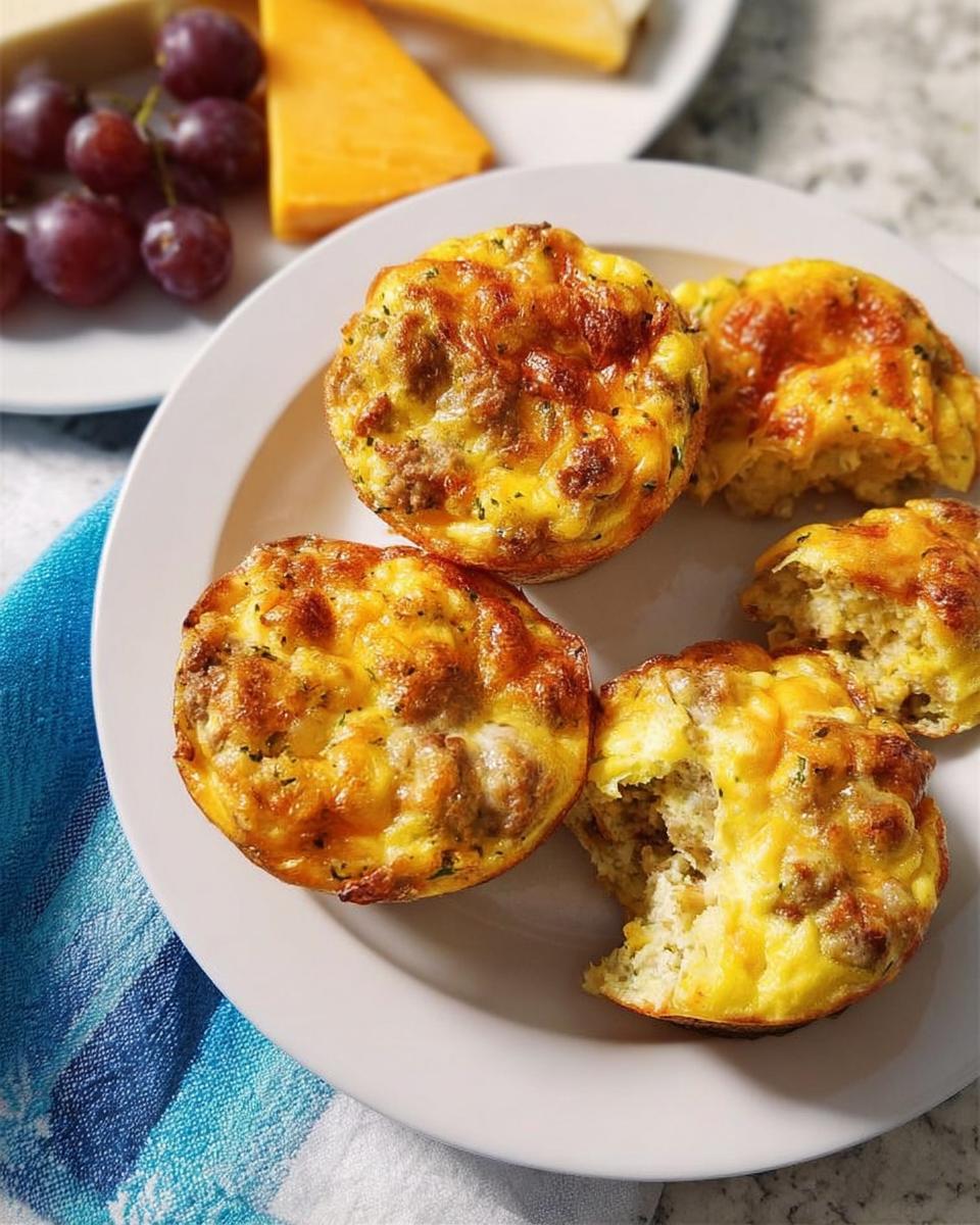 Four golden-brown sausage egg muffins on a white plate, perfect for 20-Ingredient Breakfast Ideas Recipes.