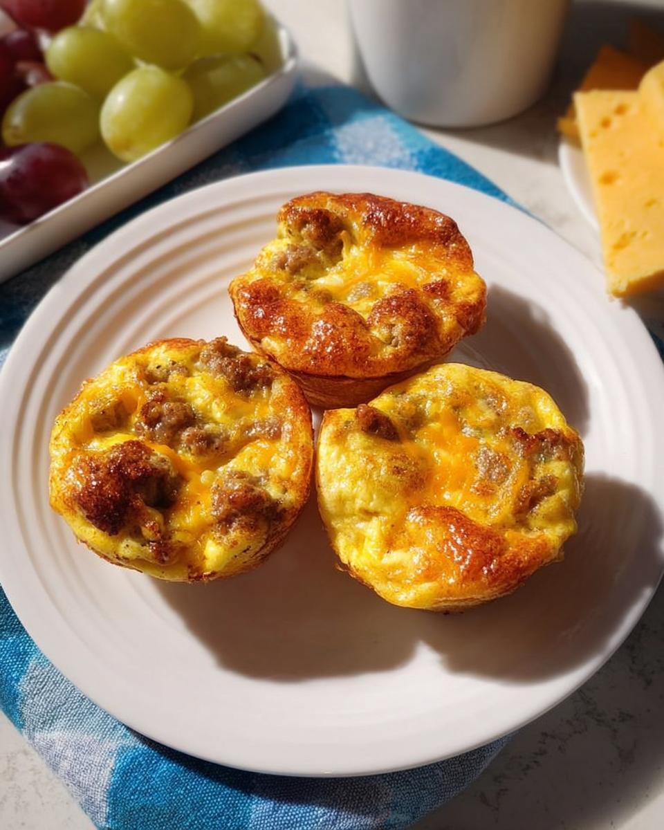 Three golden-brown sausage and egg muffins with melted cheese, part of 20-Ingredient Breakfast Ideas Recipes.