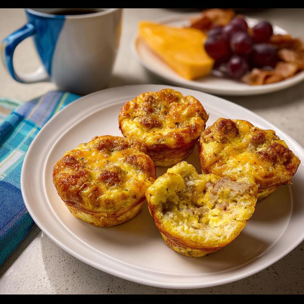 Four golden-brown sausage and egg muffins on a white plate, perfect for 20-Ingredient Breakfast Ideas Recipes.
