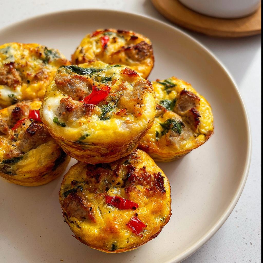 Five golden-brown sausage and pepper egg bites stacked on a light plate, perfect for Egg Recipes Meal Prep That Actually Tastes Great.