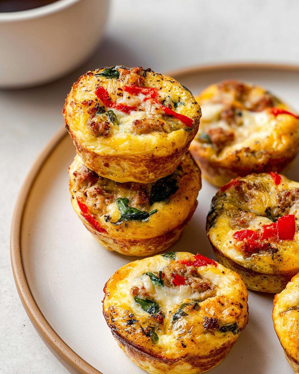 Stack of savory sausage and pepper egg recipes meal prep muffins on a light plate.
