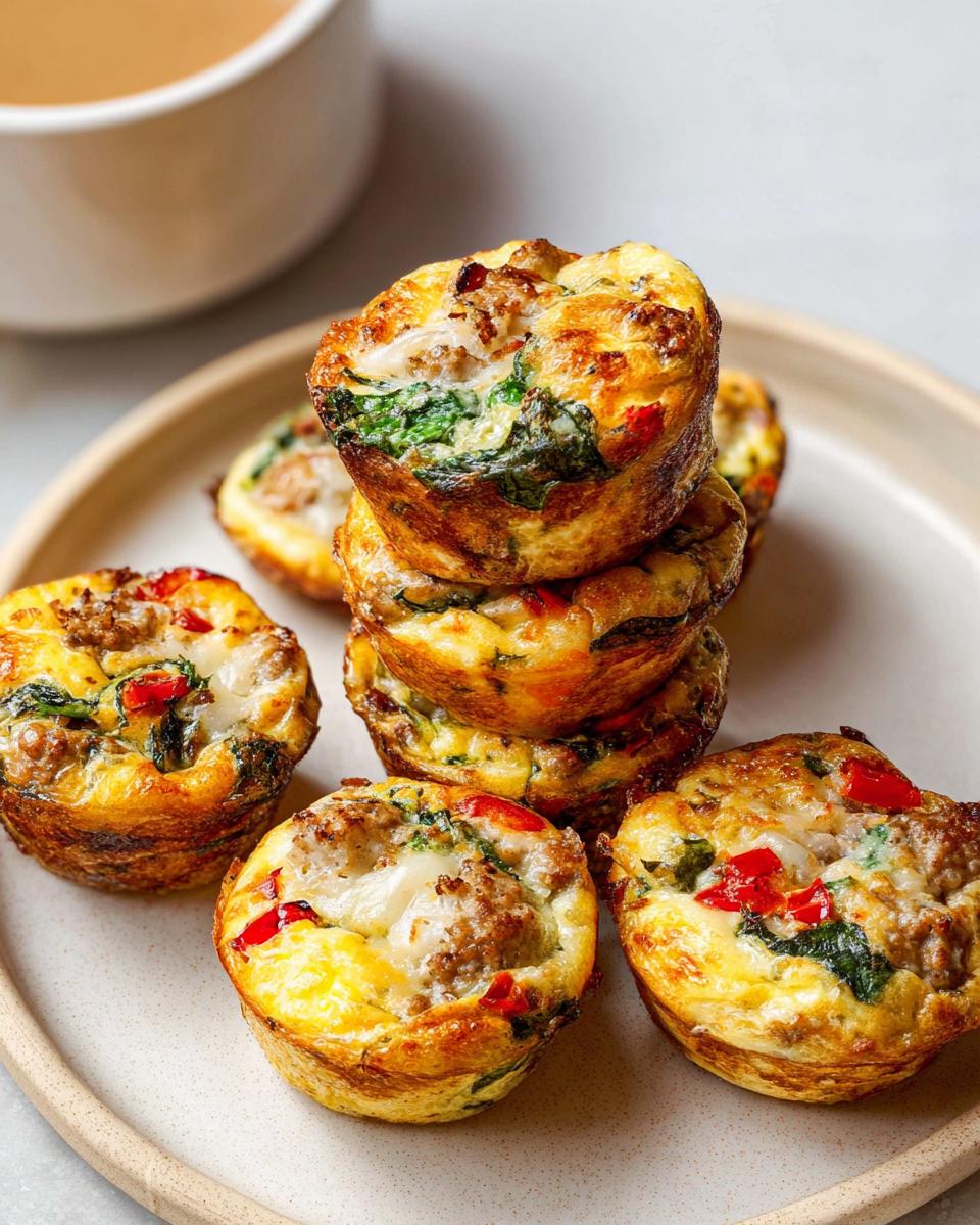 A stack of savory sausage and spinach egg recipes meal prep bites on a small plate.