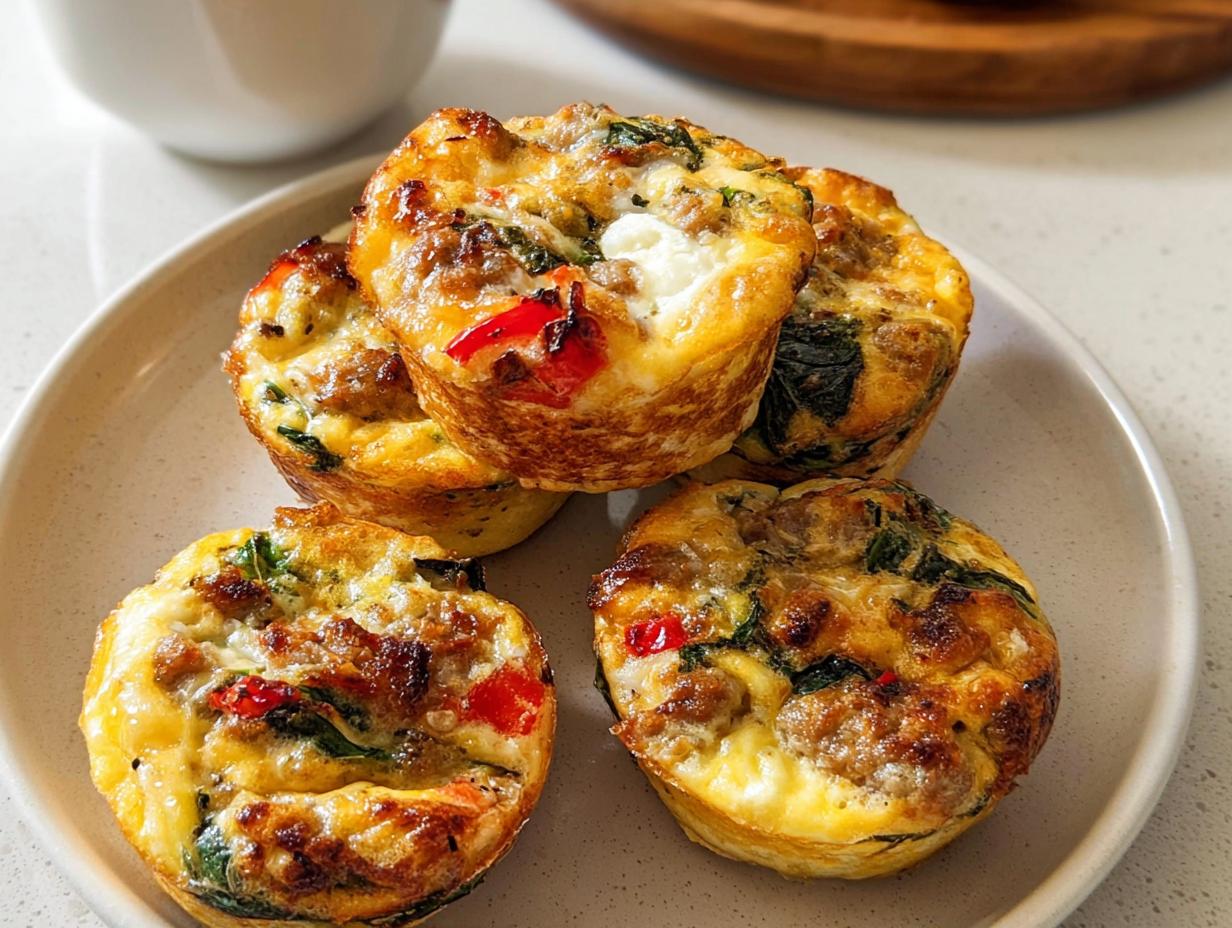 Four golden-brown sausage and vegetable egg bites stacked on a light plate, perfect for Egg Recipes Meal Prep That Actually Tastes Great.
