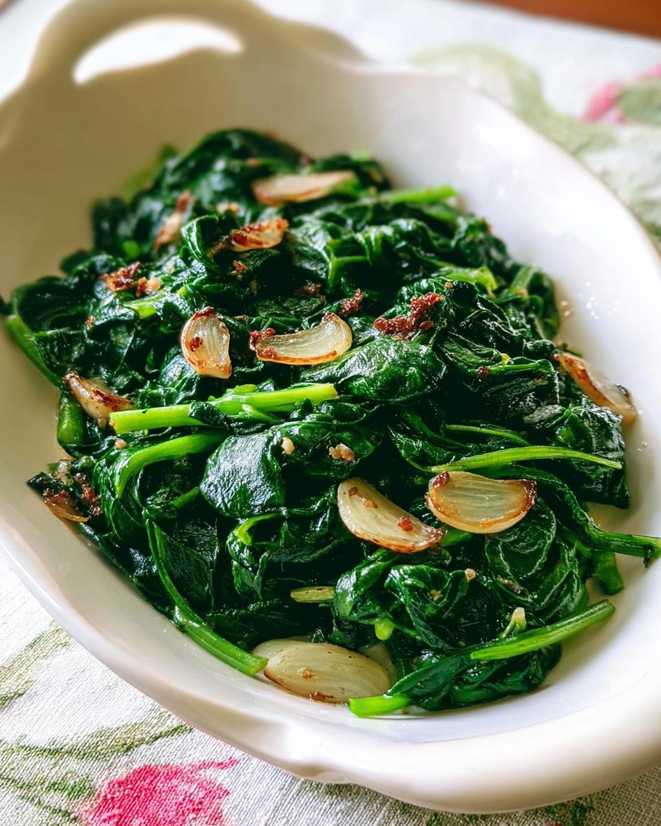 Close-up of sautéed spinach with large slices of browned garlic, a perfect example of 20-Ingredient Veggie Sides Recipes.