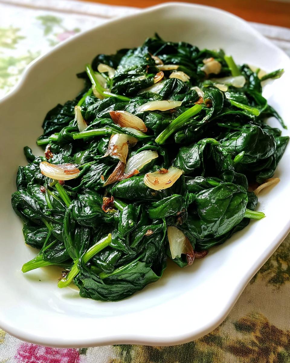 A vibrant bowl of sautéed spinach with sliced garlic, perfect for 20-Ingredient Veggie Sides Recipes (No Fuss).