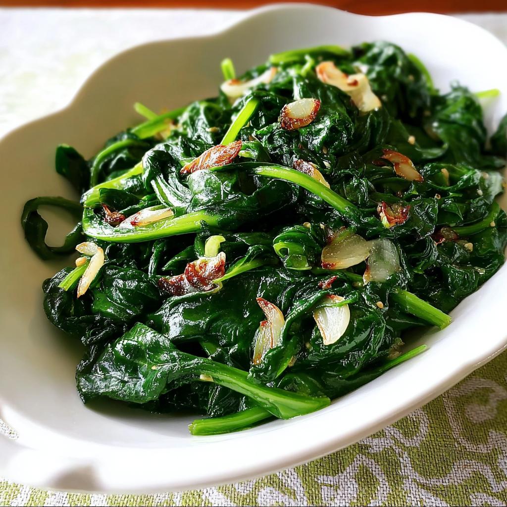 Close-up of vibrant sautéed spinach topped with toasted garlic slices, a perfect example of 20-Ingredient Veggie Sides Recipes.