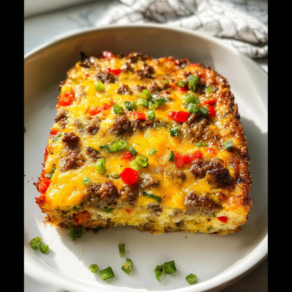 A square slice of savory egg and sausage breakfast casserole topped with melted cheese and green onions.