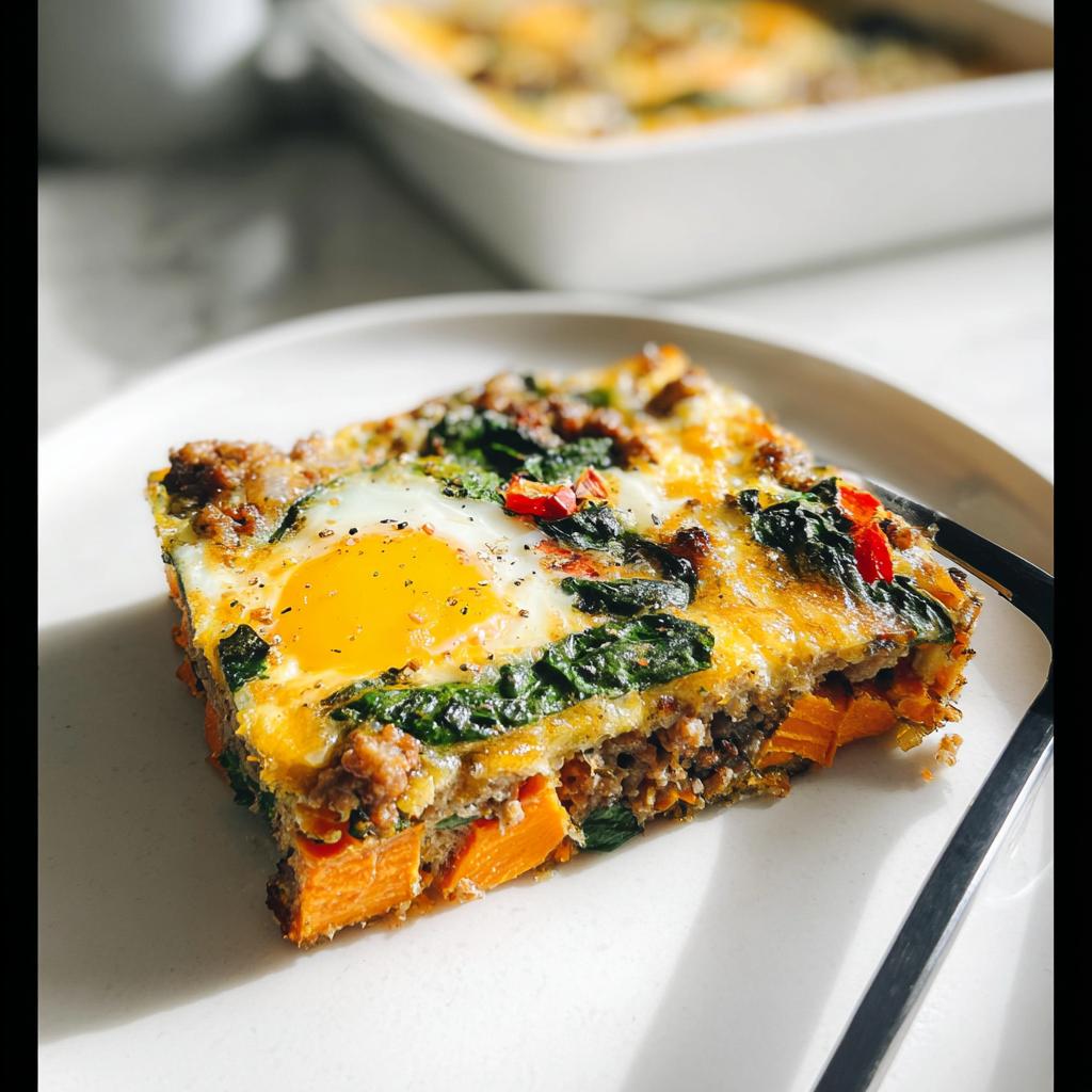 A slice of savory breakfast casserole featuring sweet potato, sausage, spinach, and a sunny-side-up egg, perfect for Breakfast Ideas Recipes Meal Prep That Actually Tastes Great.