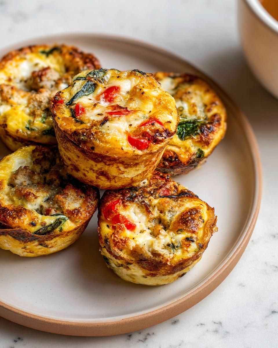 Five savory egg bites packed with sausage, spinach, and red peppers, perfect for Egg Recipes Meal Prep That Actually Tastes Great.