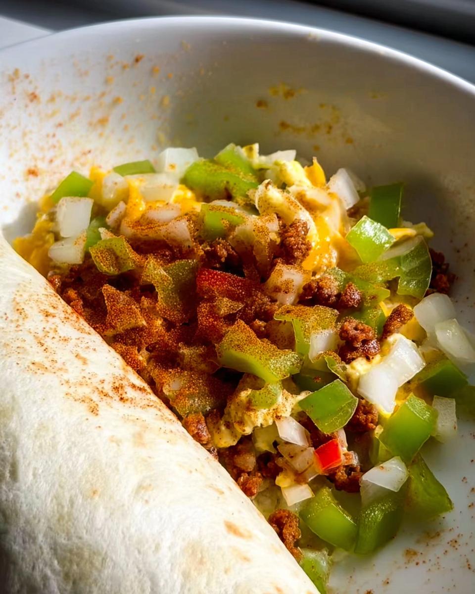 Close-up of scrambled egg recipes filling with chorizo, peppers, and onions next to a folded tortilla.