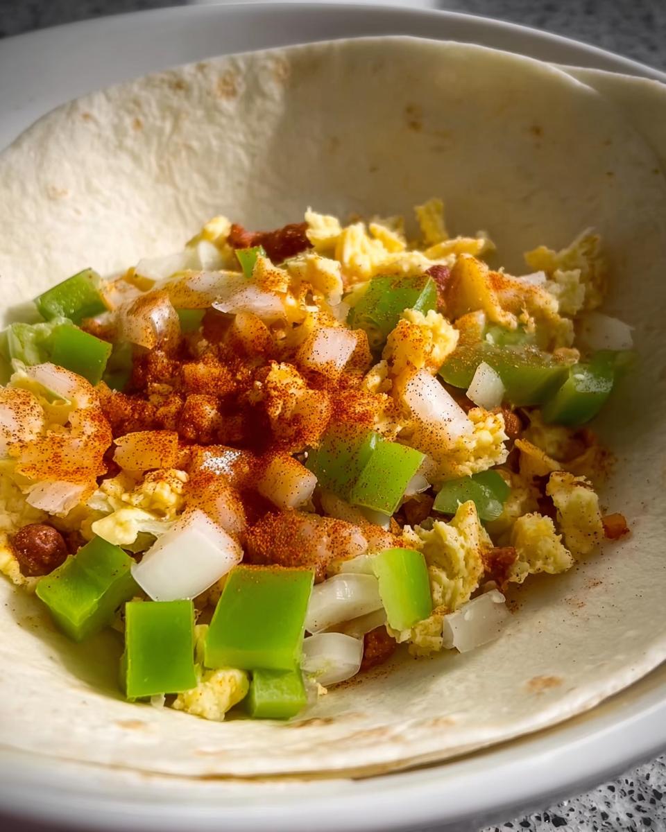 Close-up of scrambled egg recipes filling with green peppers, onions, and paprika in a soft tortilla.