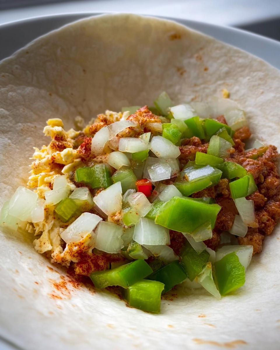 Close-up of scrambled egg filling with diced green peppers and onions in a soft tortilla, part of great Egg Recipes.