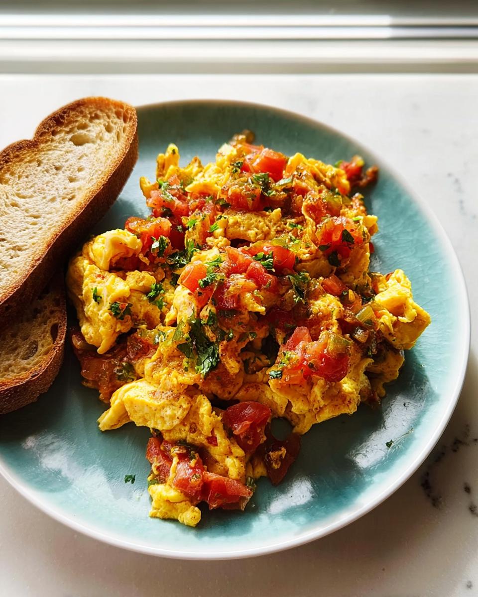 Scrambled eggs topped with diced tomatoes and herbs, served with toast, showcasing one of the best Egg Recipes in 10 Minutes.