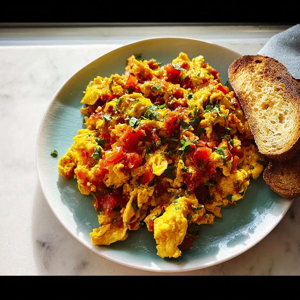 A plate of fluffy scrambled eggs mixed with diced red tomatoes and fresh herbs, served with toasted bread, perfect for Egg Recipes in 10 Minutes.