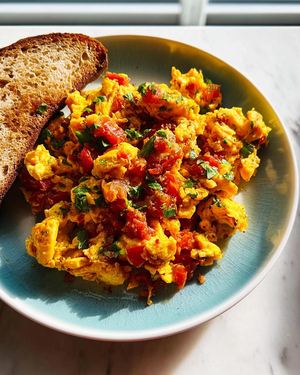 Brightly lit plate of scrambled eggs mixed with diced tomatoes and parsley, served with toast. A great example of Egg Recipes in 10 Minutes.