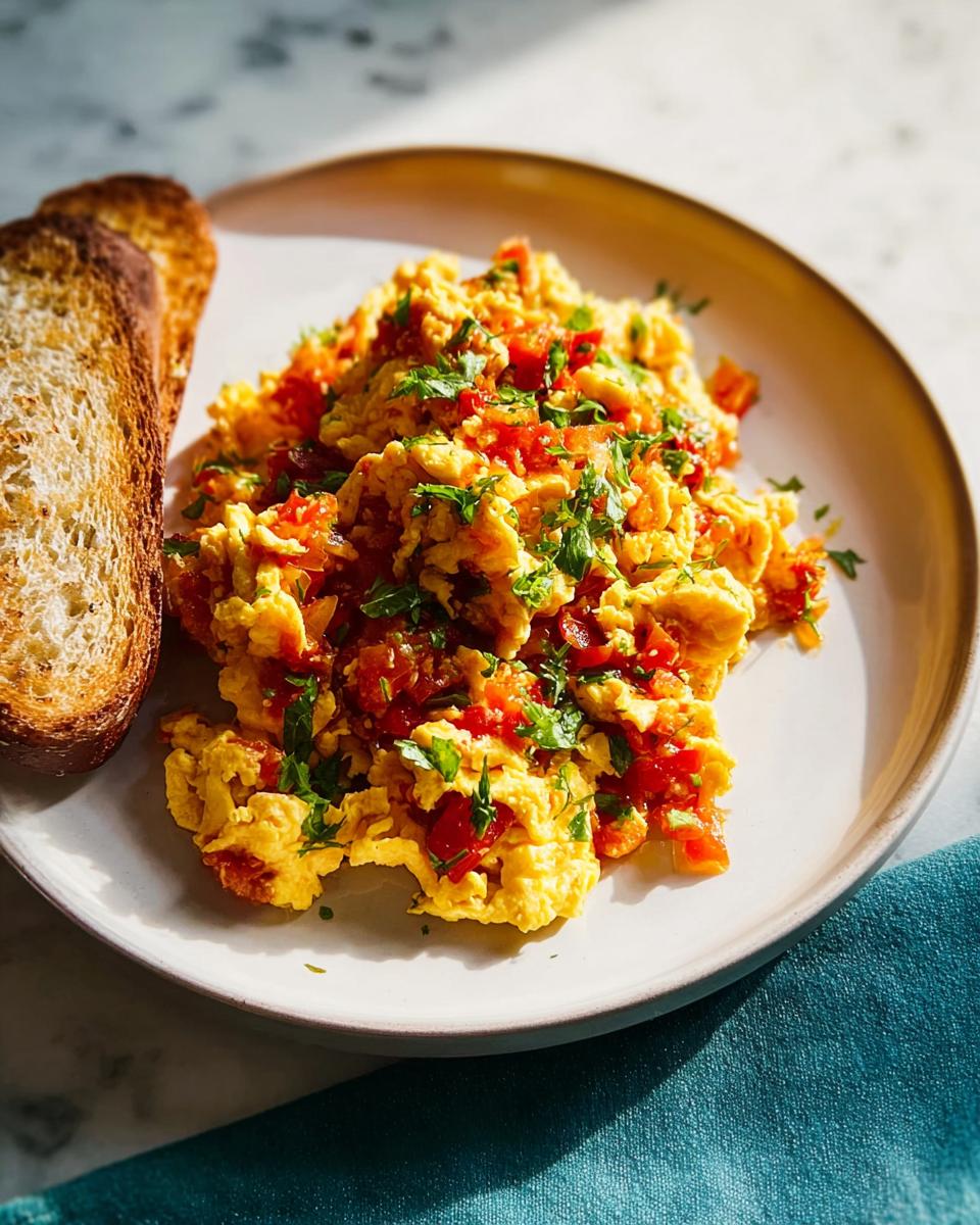 Fluffy scrambled eggs mixed with diced red tomatoes and topped with fresh parsley, served with toast. Great for Egg Recipes in 10 Minutes.