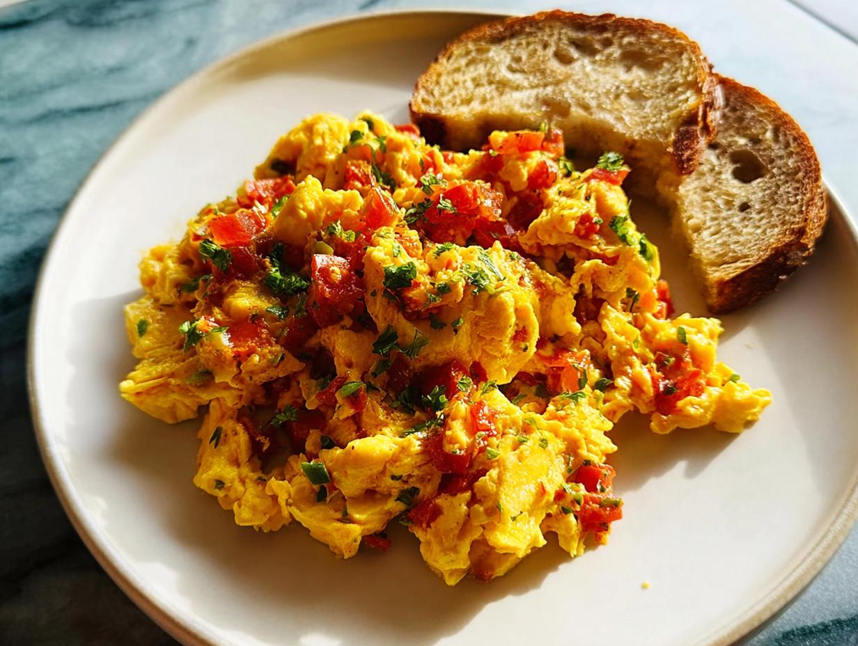 Fluffy scrambled eggs mixed with diced red tomatoes and fresh herbs, served with toasted bread. A perfect example of Egg Recipes in 10 Minutes.