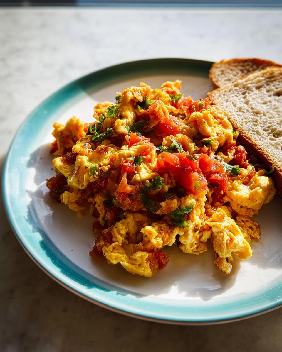 A plate of fluffy scrambled eggs mixed with diced tomatoes and fresh herbs, served with toast. Perfect for Egg Recipes in 10 Minutes.