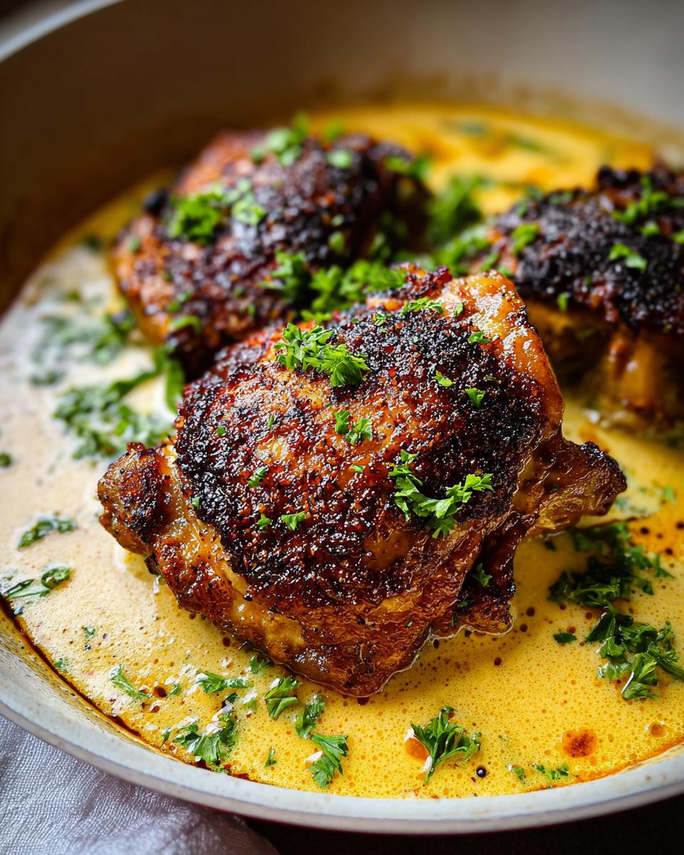 Close-up of seared, dark-crusted chicken thigh recipes in a rich, yellow cream sauce, garnished with parsley.