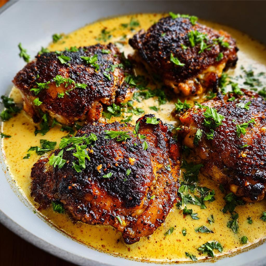 Four perfectly seared chicken thighs in a rich, creamy yellow sauce, garnished with fresh parsley.