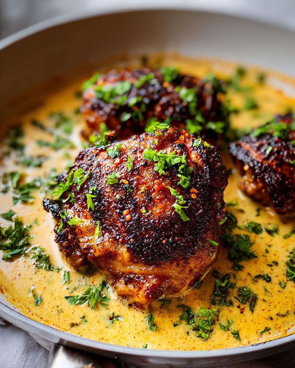 Close-up of perfectly seared chicken thighs in a creamy sauce, garnished with fresh parsley.