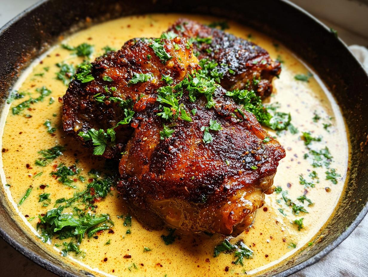 Two perfectly seared chicken thighs resting in a rich, creamy yellow sauce, garnished with fresh parsley.