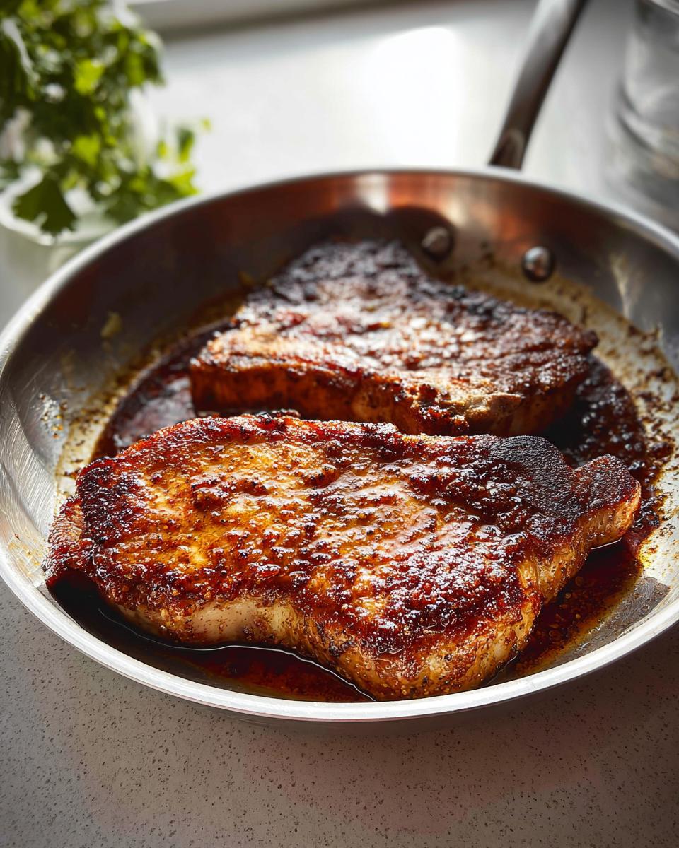 Two beautifully seared pork chops resting in a stainless steel skillet with pan juices, ready for Pork Chops Recipes Meal Prep.