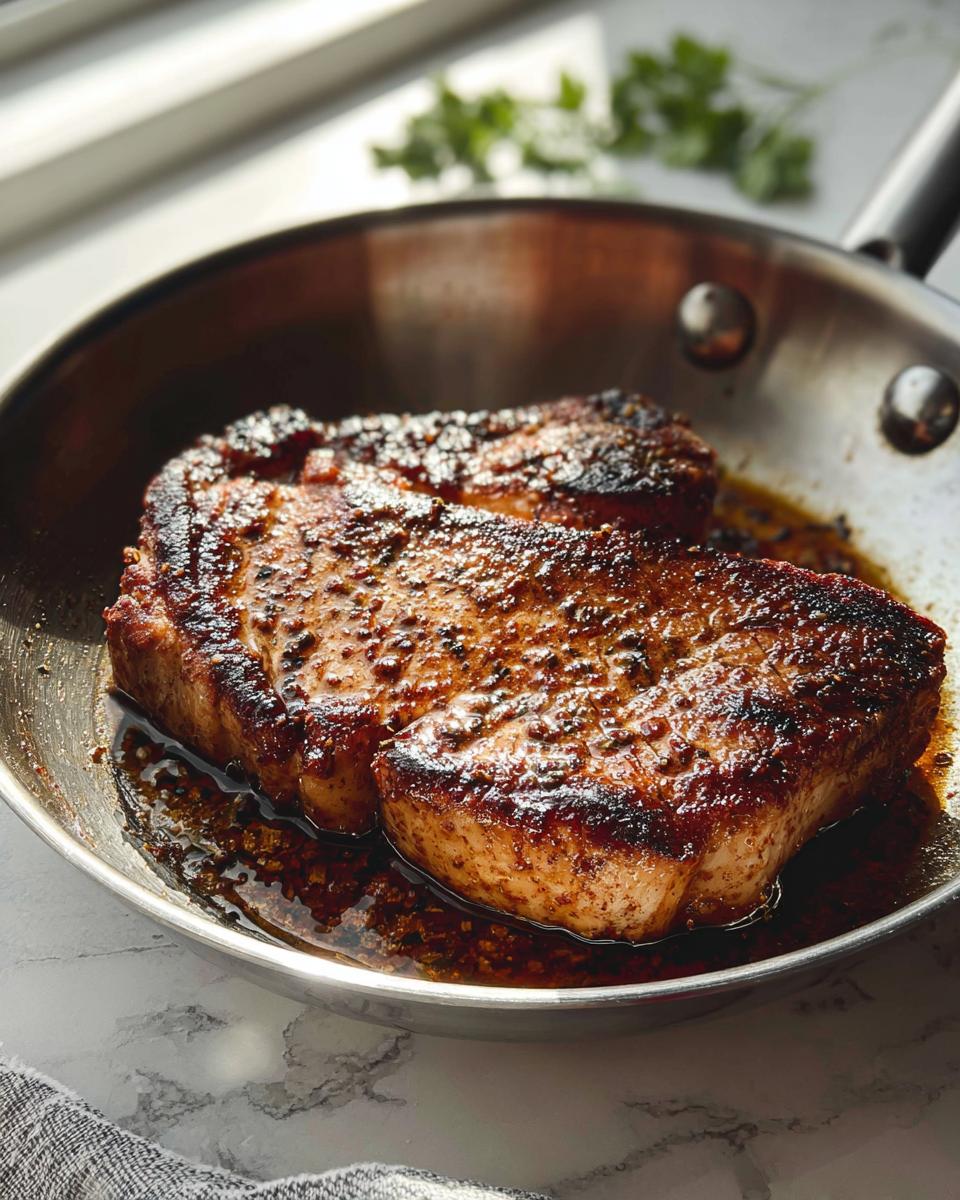 Two thick, perfectly seared pork chops resting in a stainless steel skillet with pan juices, part of a Pork Chops Recipes Meal Prep.