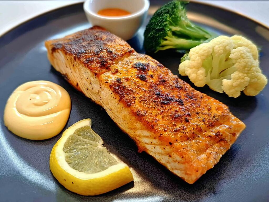 A beautifully seared salmon fillet served with a lemon wedge and steamed vegetables, part of 12-Ingredient Salmon Recipes.