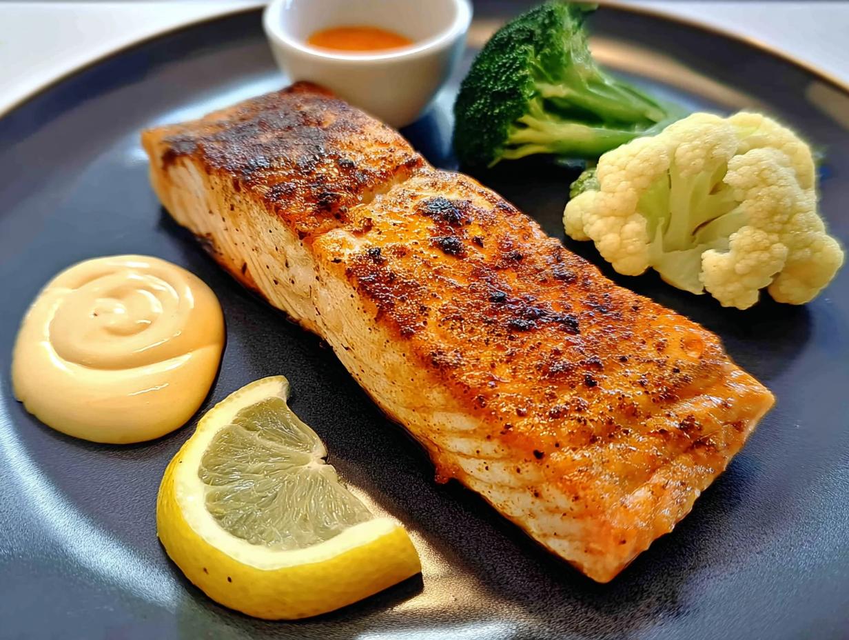 A beautifully seared salmon fillet served with a lemon wedge and steamed vegetables, part of 12-Ingredient Salmon Recipes.