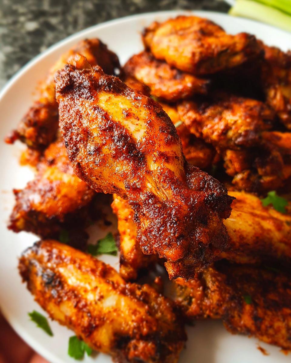 A close-up shot of a perfectly cooked, heavily seasoned chicken wing held up over a platter of other 25-Ingredient Chicken Wings Recipes.