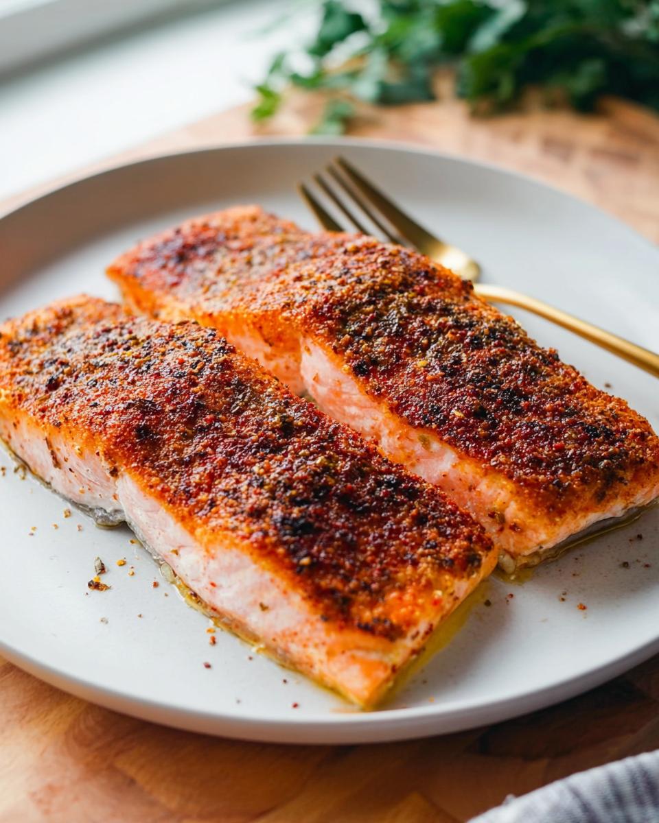 Two perfectly cooked, seasoned salmon fillets ready to eat from The Ultimate Salmon Recipes Guide for Beginners.