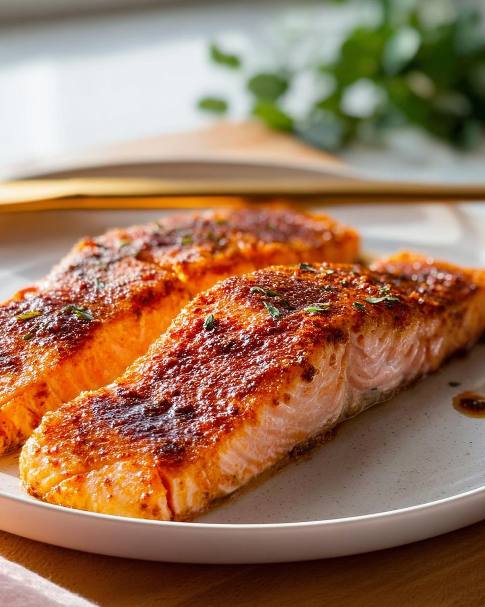 Two perfectly cooked, seasoned salmon fillets served on a light plate, ideal for The Ultimate Salmon Recipes Guide for Beginners.