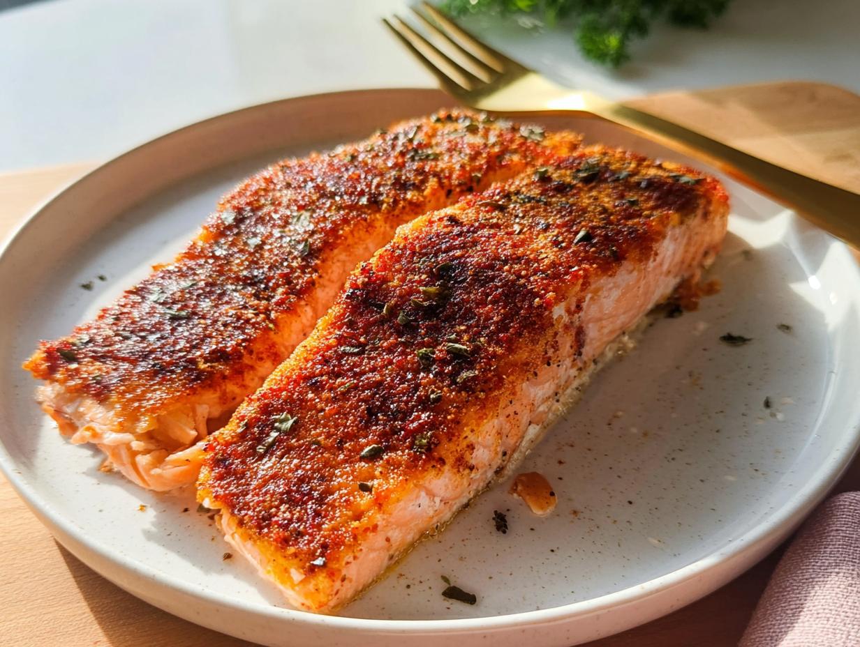 Two perfectly cooked, spice-rubbed salmon fillets served on a speckled white plate, part of The Ultimate Salmon Recipes Guide for Beginners.