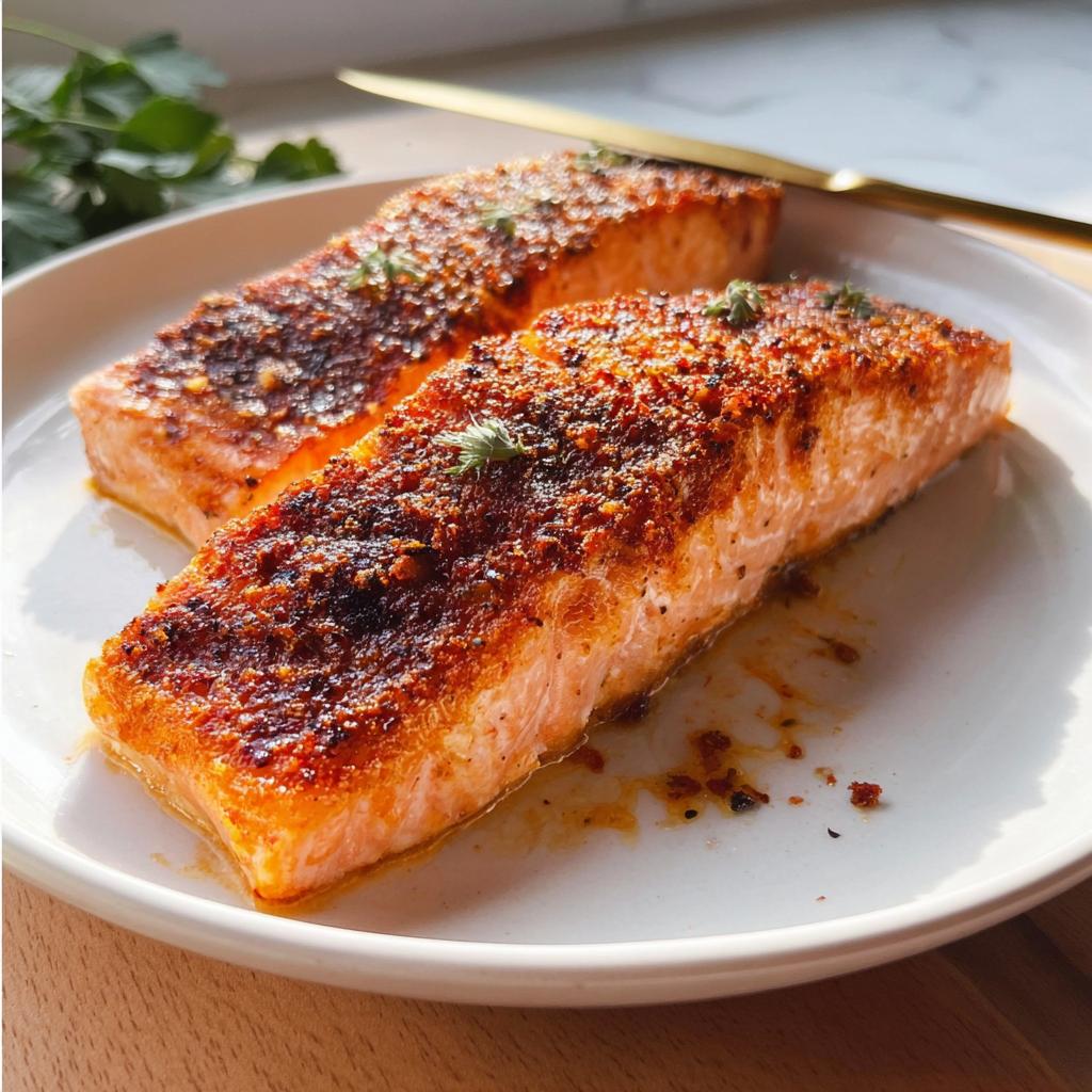 Two perfectly cooked, seasoned salmon fillets with a crispy, dark crust served on a white plate.