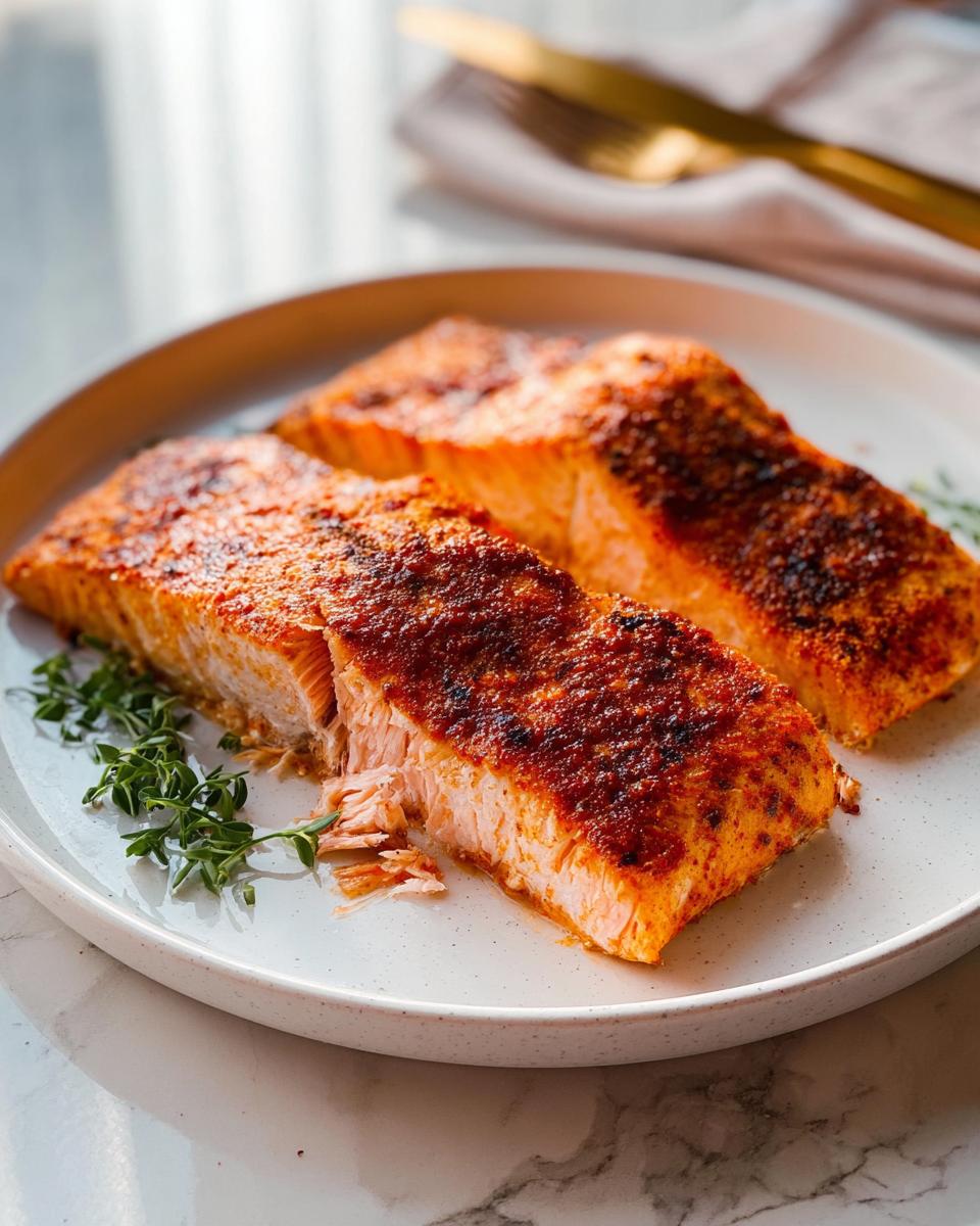 Two perfectly cooked, seasoned salmon fillets on a white plate, showcasing flaky texture, a key part of great salmon recipes.
