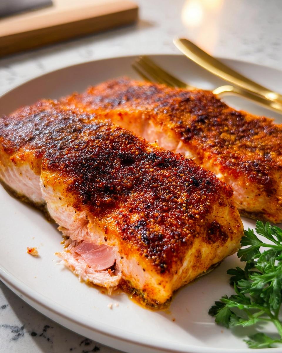 Close-up of two perfectly cooked salmon fillets with a dark, flavorful spice rub, ready to eat.