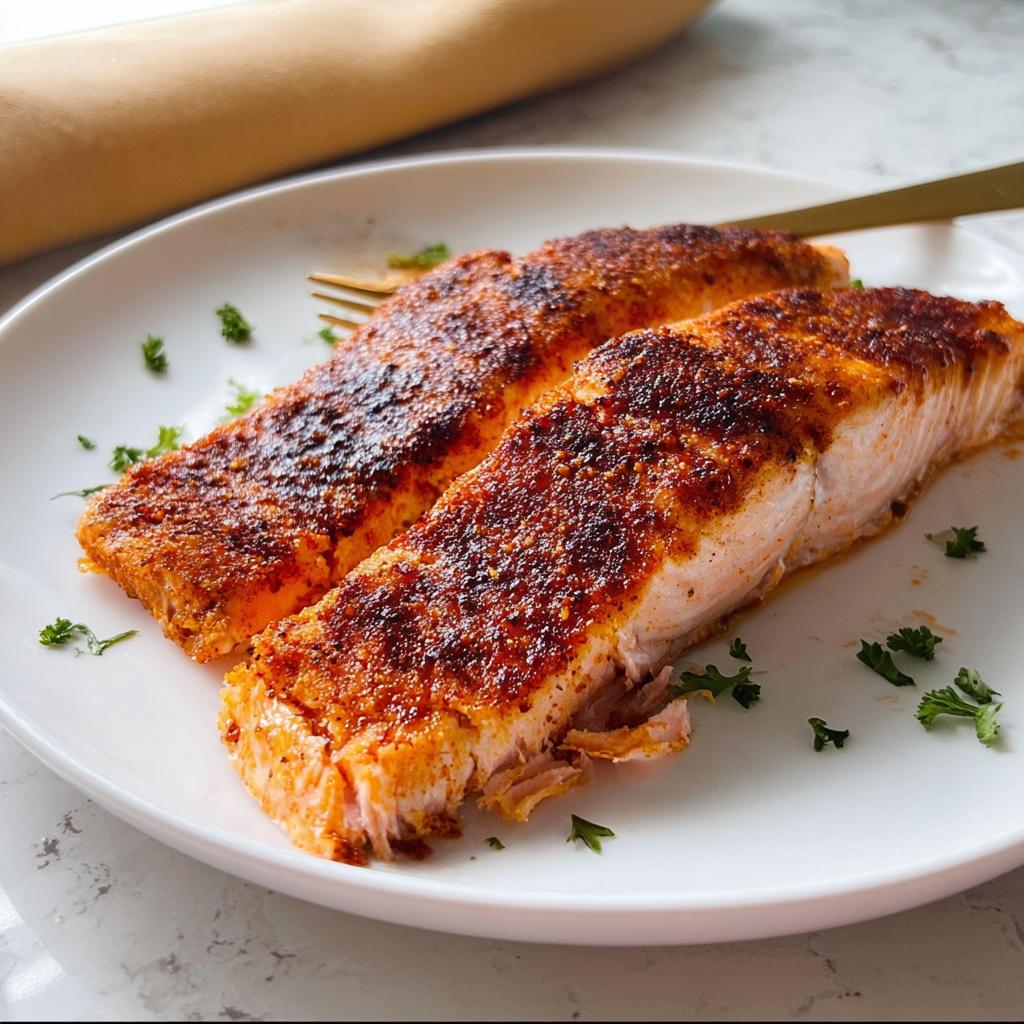 Two perfectly cooked, blackened salmon fillets served on a white plate, representing great salmon recipes.