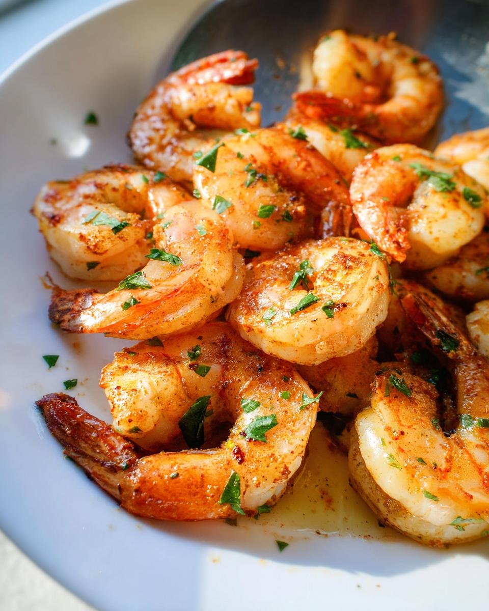Close-up of perfectly cooked, seasoned shrimp garnished with parsley, ideal for The Ultimate Shrimp Recipes Guide for Beginners.