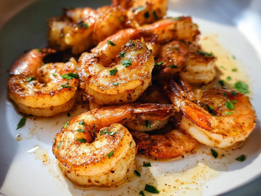 Close-up of perfectly cooked, seasoned shrimp garnished with parsley, ideal for The Ultimate Shrimp Recipes Guide for Beginners.