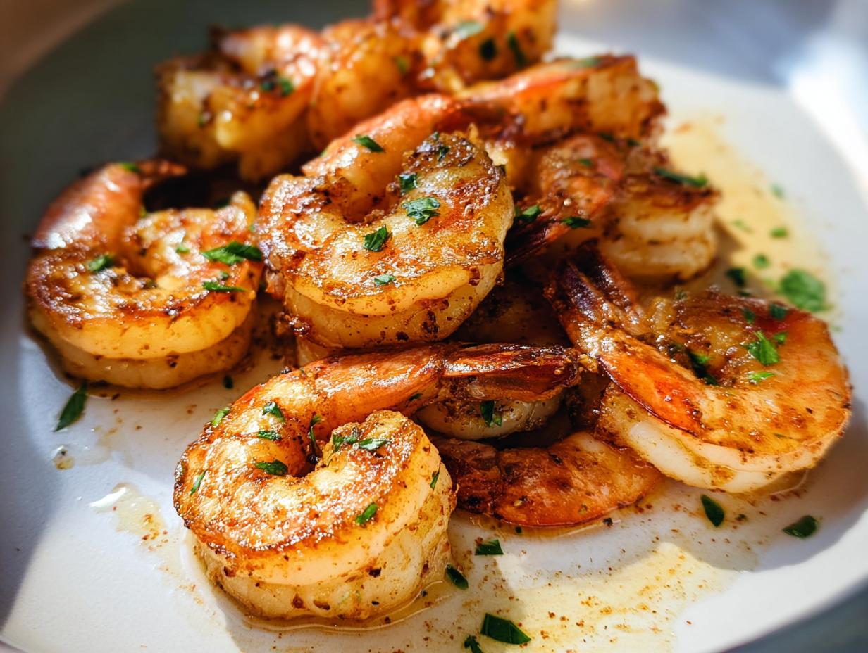 Close-up of perfectly cooked, seasoned shrimp garnished with parsley, ideal for The Ultimate Shrimp Recipes Guide for Beginners.
