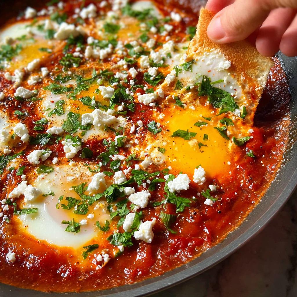 A hand dipping toast into a skillet of vibrant shakshuka, a popular restaurant-style egg recipe with feta and parsley.
