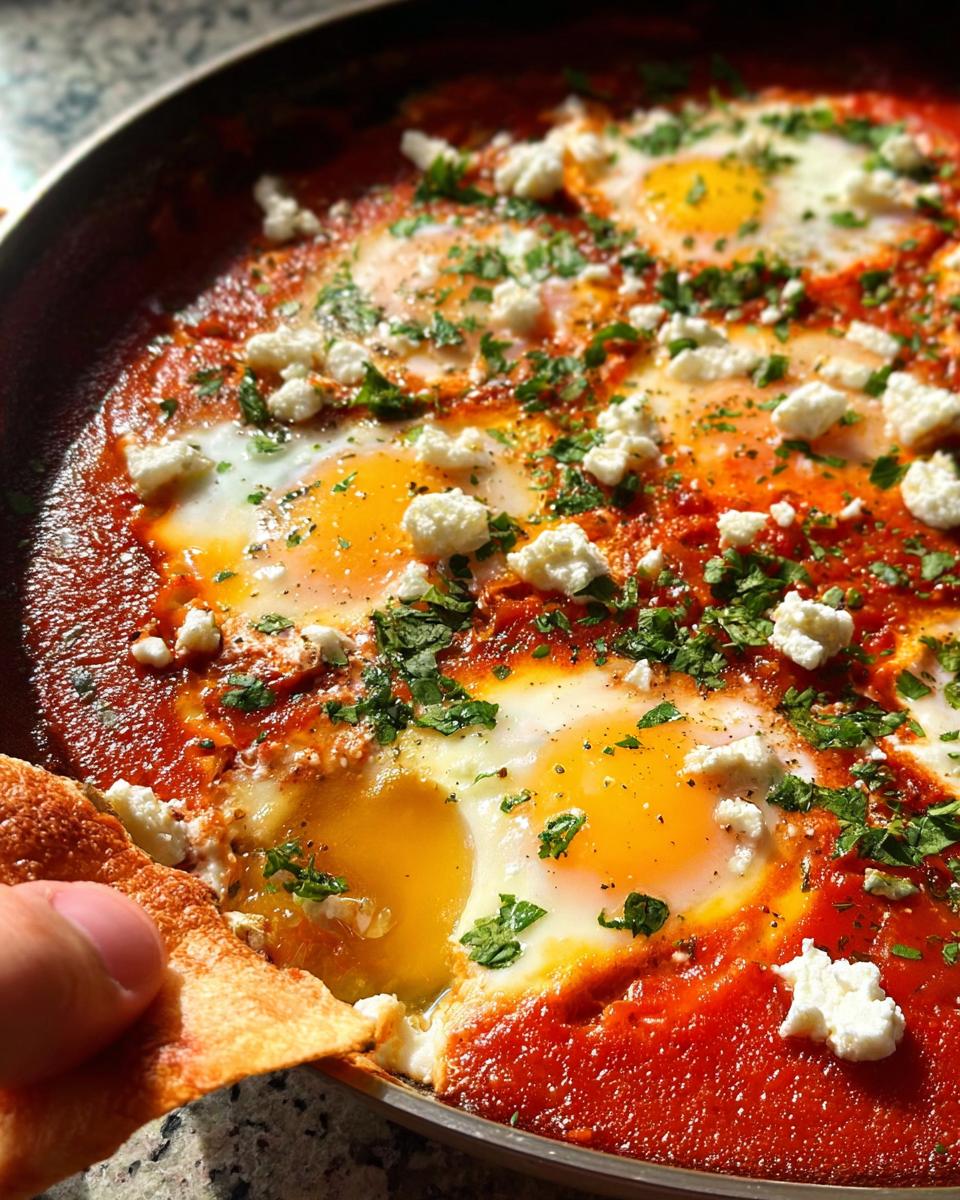 Close-up of shakshuka with runny yolks, feta, and parsley, perfect for Restaurant-Style Egg Recipes at Home.