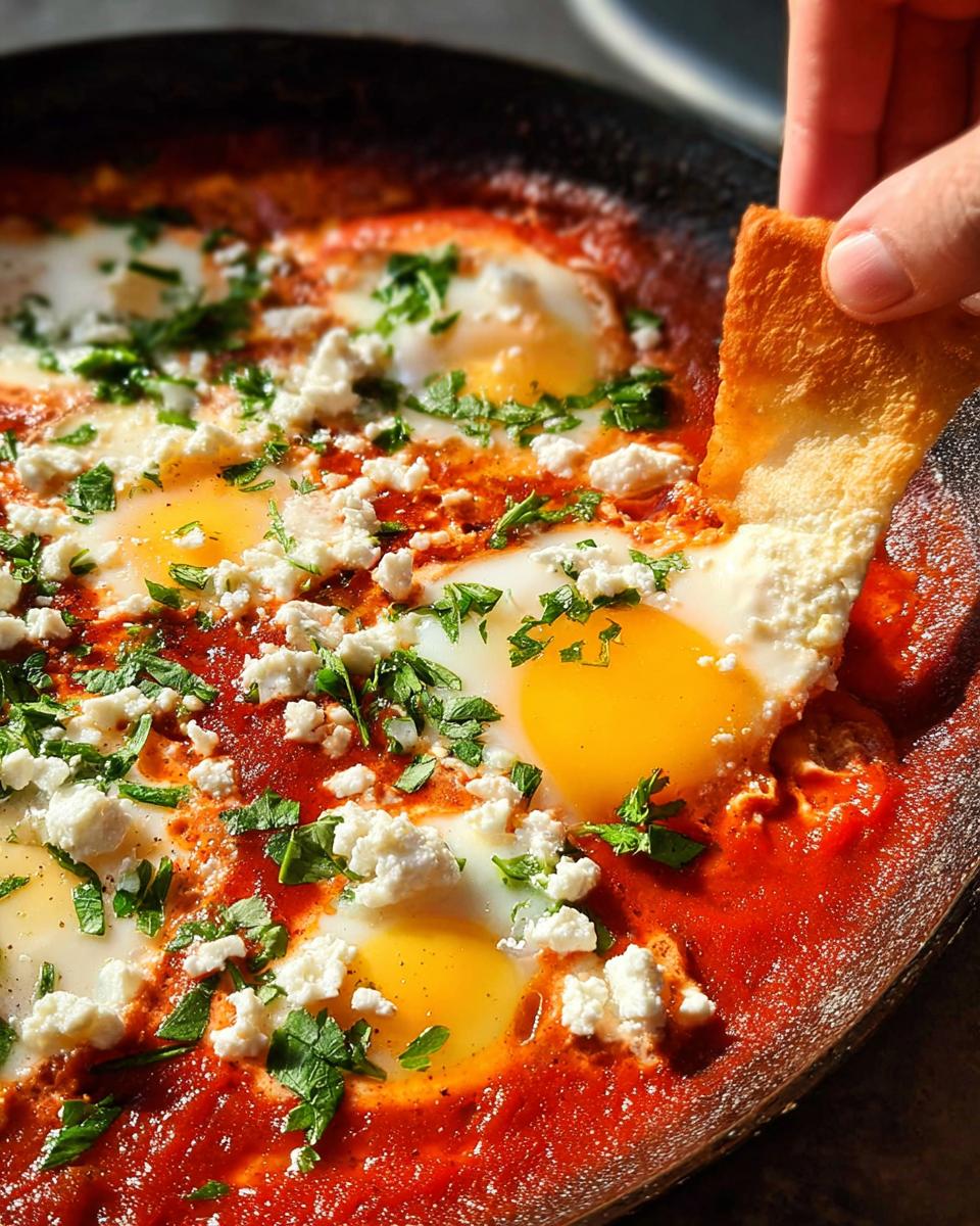 A hand dipping bread into a skillet of vibrant Restaurant-Style Egg Recipes at Home, likely Shakshuka with feta and parsley.
