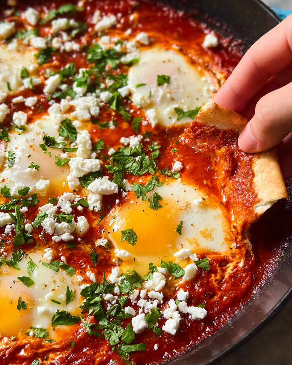 A hand dipping bread into a skillet of shakshuka, featuring poached eggs in spicy tomato sauce with feta and parsley.