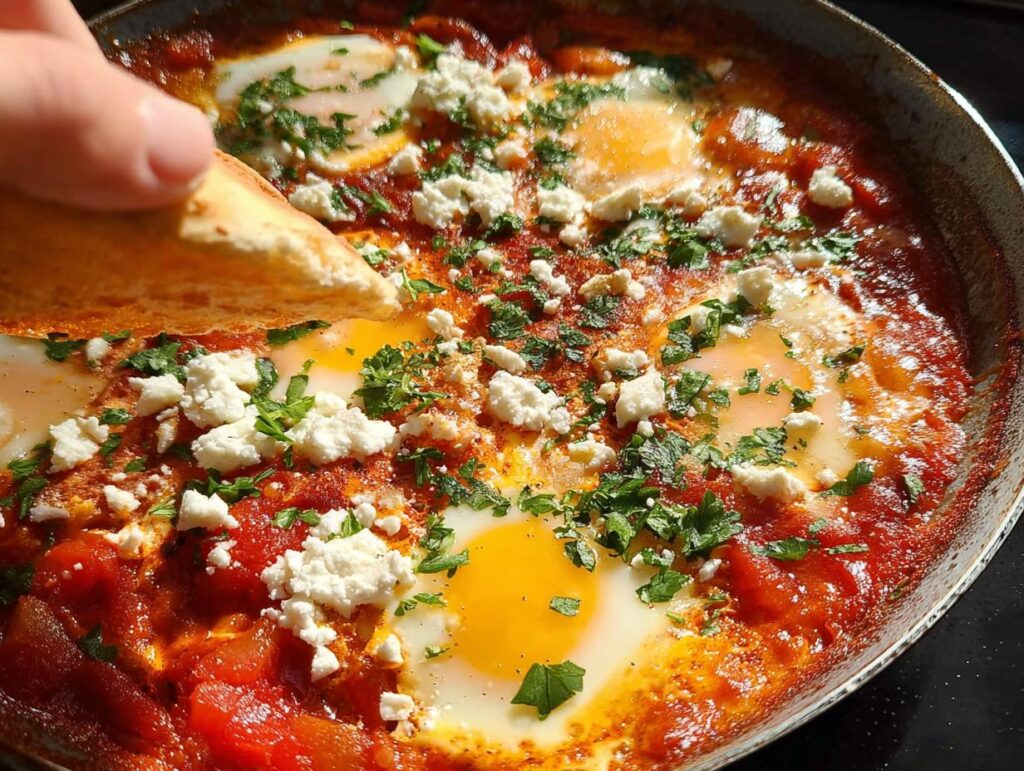 A hand dipping bread into a skillet of vibrant shakshuka, one of the best Restaurant-Style Egg Recipes at Home.